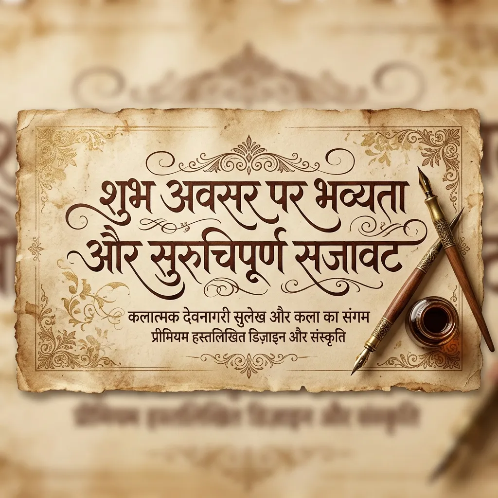 Elegant Hindi calligraphy typography, vintage parchment texture, ink pen and artistic flourishes, luxury handwritten Devanagari text, premium typography banner, warm beige tones, SEO optimized