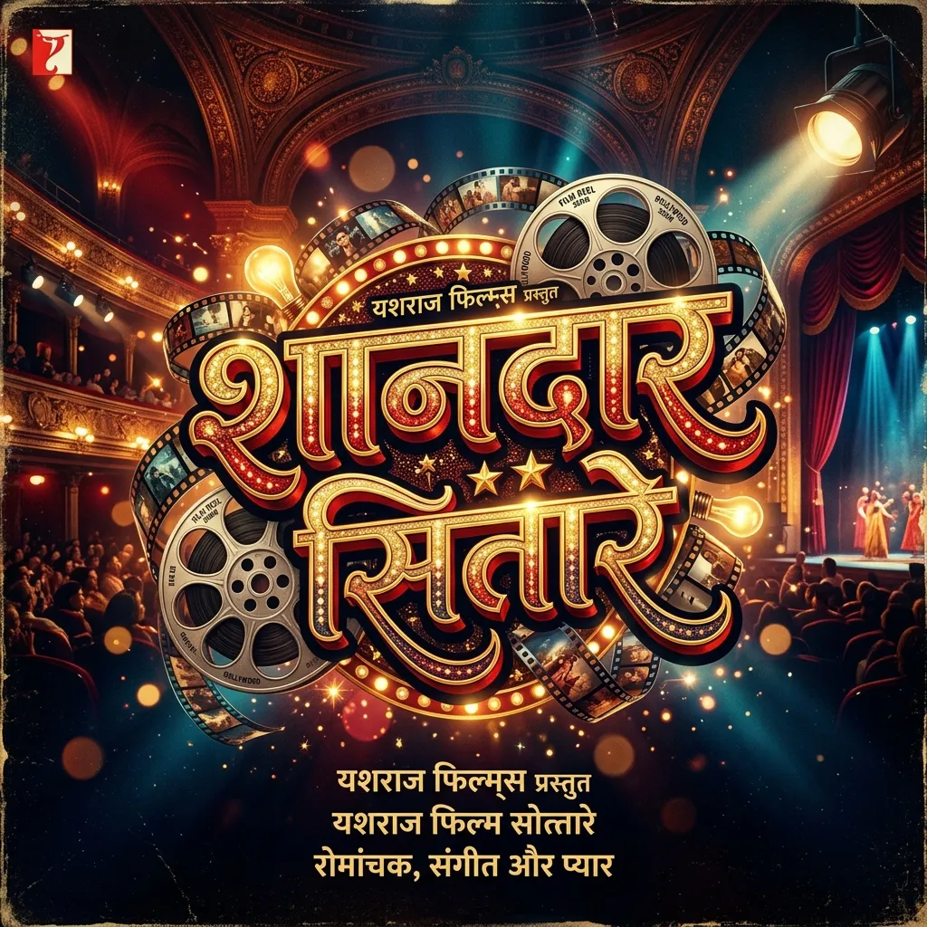 Bollywood cinema inspired Hindi typography poster, dramatic movie lighting, film reels, creative title fonts, entertainment aesthetic, luxury cinematic design