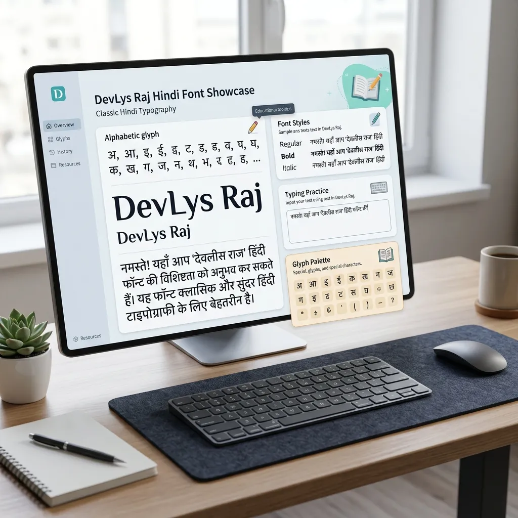 DevLys Raj Hindi font showcase, professional typing workspace, classic Hindi typography, software inspired educational design, clean modern layout