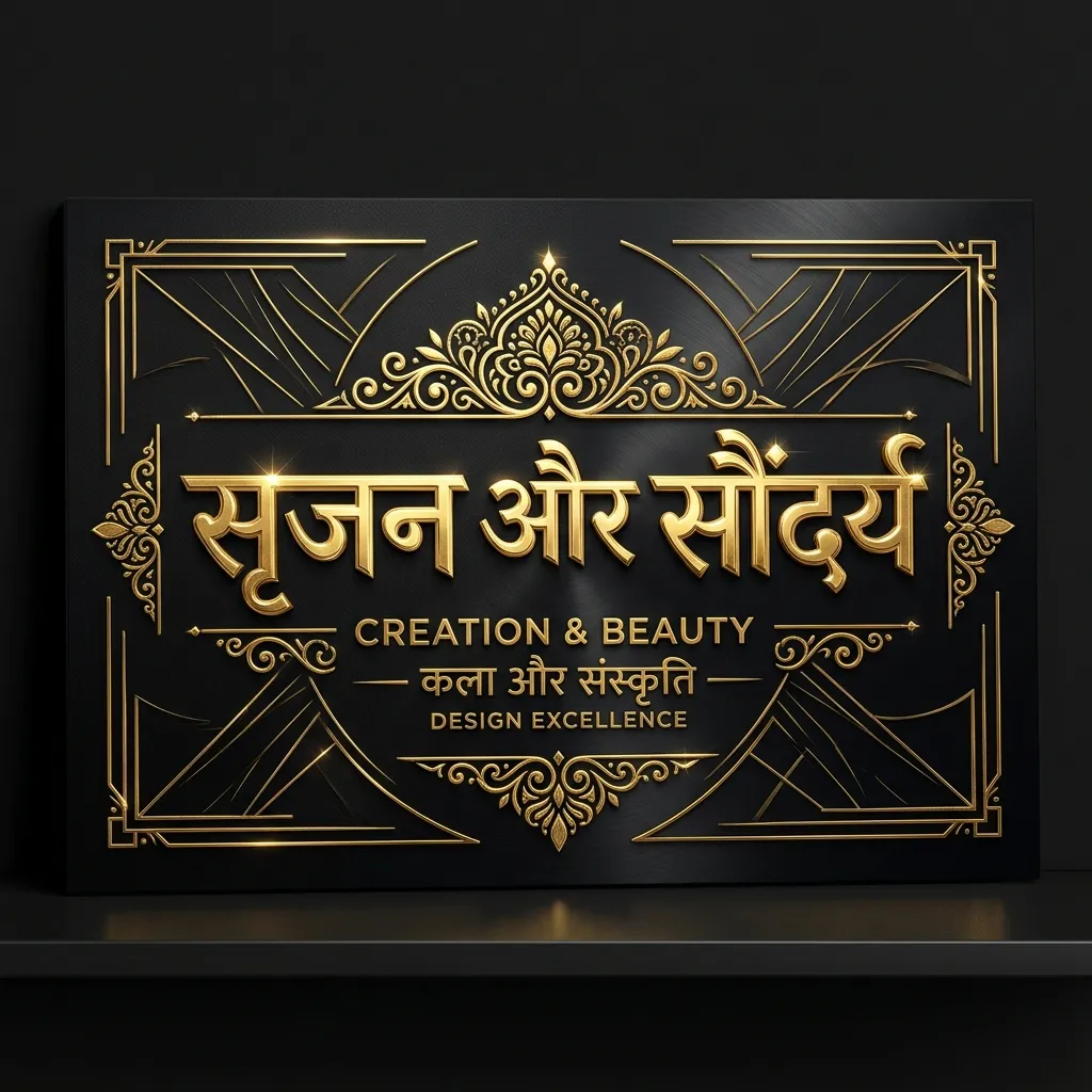 Sharp elegant Hindi typography artwork, luxury metallic text styling, black and gold theme, modern premium font presentation, stylish clean composition, ultra detailed