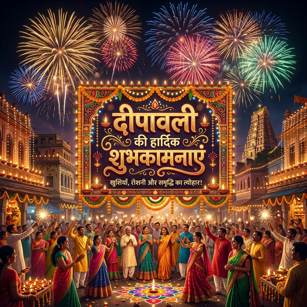 Festival Hindi typography banner, glowing diyas, colorful fireworks, decorative Devanagari fonts, Indian celebration atmosphere, vibrant festive design, ultra detailed