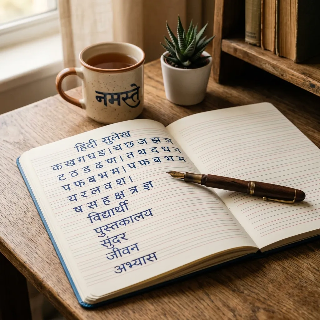 Realistic Hindi handwriting notebook scene, handwritten Devanagari letters, fountain pen, cozy desk aesthetic, educational yet artistic typography showcase, soft warm lighting
