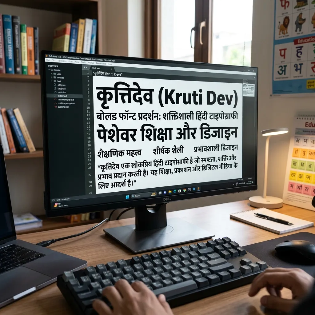 Bold Kruti Dev Hindi fonts showcase, thick typography design, keyboard and text editor setup, powerful headline style, professional educational aesthetic