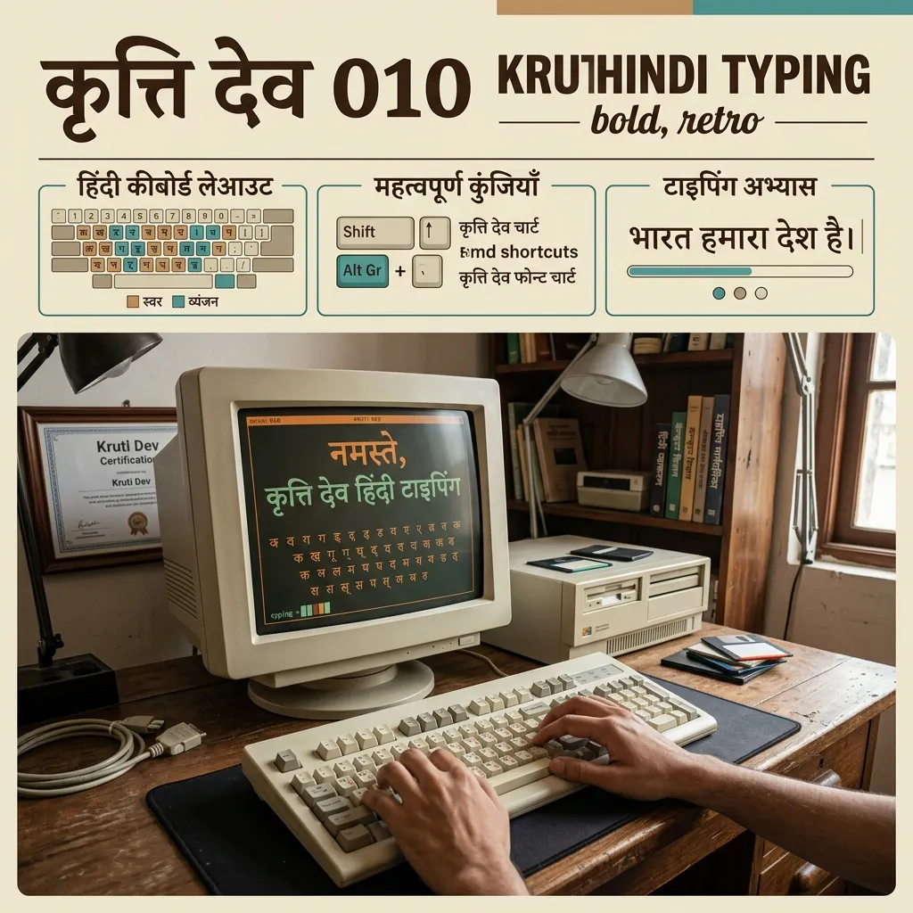 Kruti Dev Hindi typing theme, retro computer setup, Hindi keyboard typing visuals, educational typography layout, clean professional banner, classic font showcase
