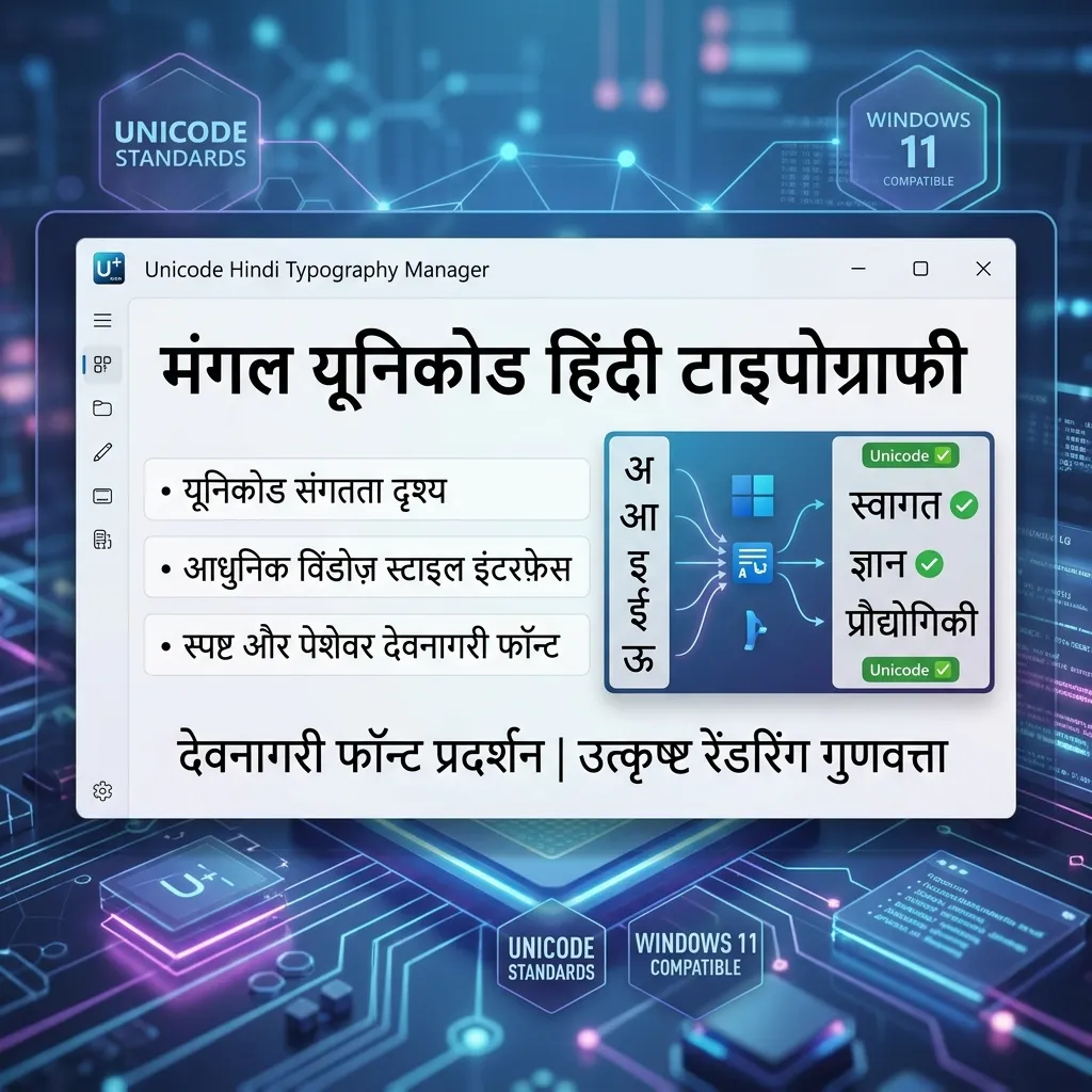 Mangal Unicode Hindi typography banner, Unicode text compatibility visuals, modern Windows style interface, clean professional Devanagari font showcase, tech inspired aesthetic