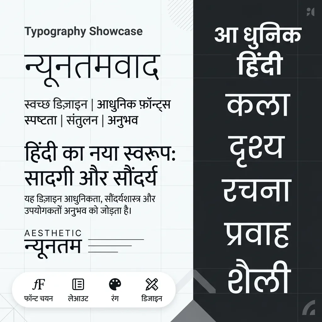 Modern minimalist Hindi typography, clean white and dark contrast layout, sleek contemporary Devanagari fonts, premium UI inspired design, aesthetic typography showcase