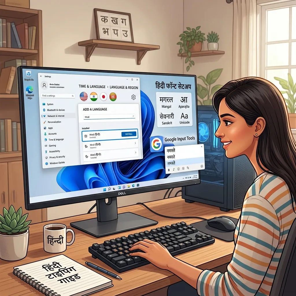Windows PC Hindi fonts setup illustration, desktop workspace, Hindi typing software visuals, modern computer environment, educational typography design