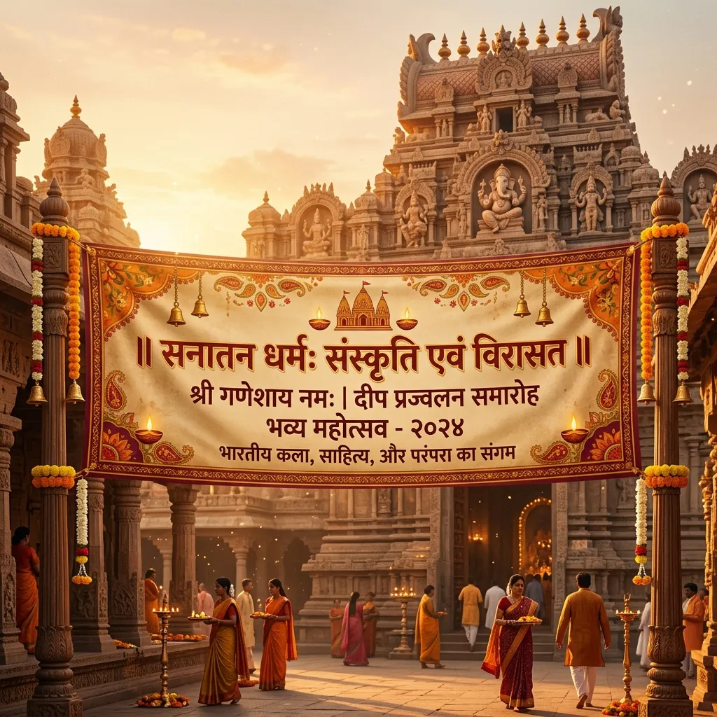 Traditional Indian Hindi typography banner, cultural ornaments, temple inspired background, heritage Devanagari fonts, warm saffron tones, elegant ethnic design, cinematic lighting